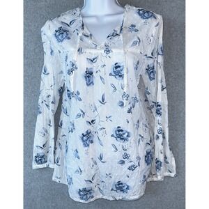 NorthStyle Women's Small Blouse Blue Floral Print Long Sleeve Cotton